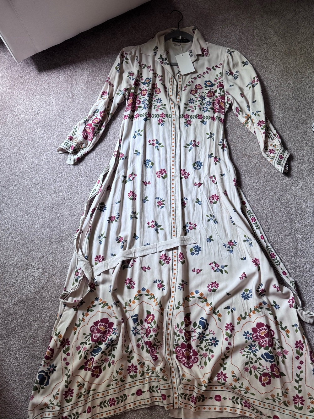 New with tags Ivory Floral Button-Front Maxi Dress with Waist Tie